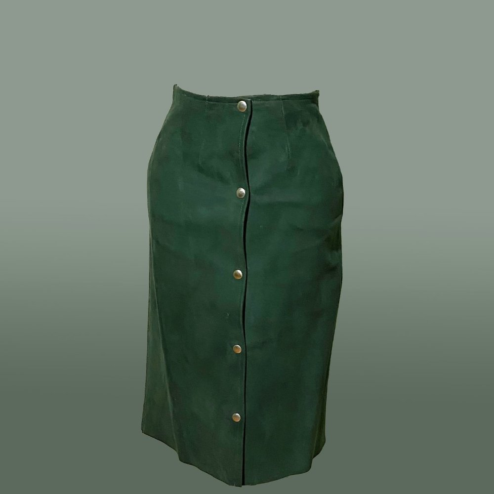 Vintage Forest Green Suede Skirt with Snap Front